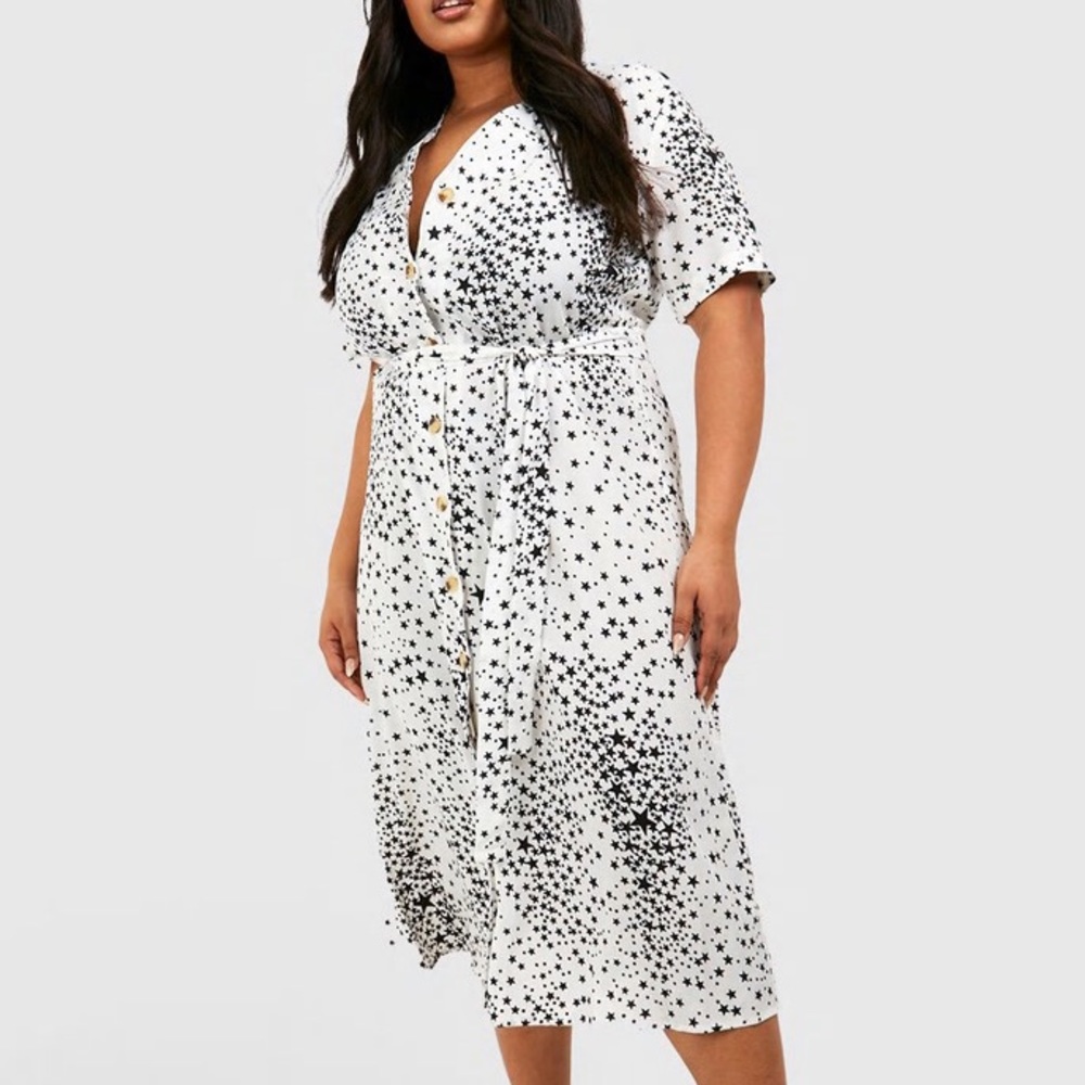 boohoo white star pattern midi shirt dress.